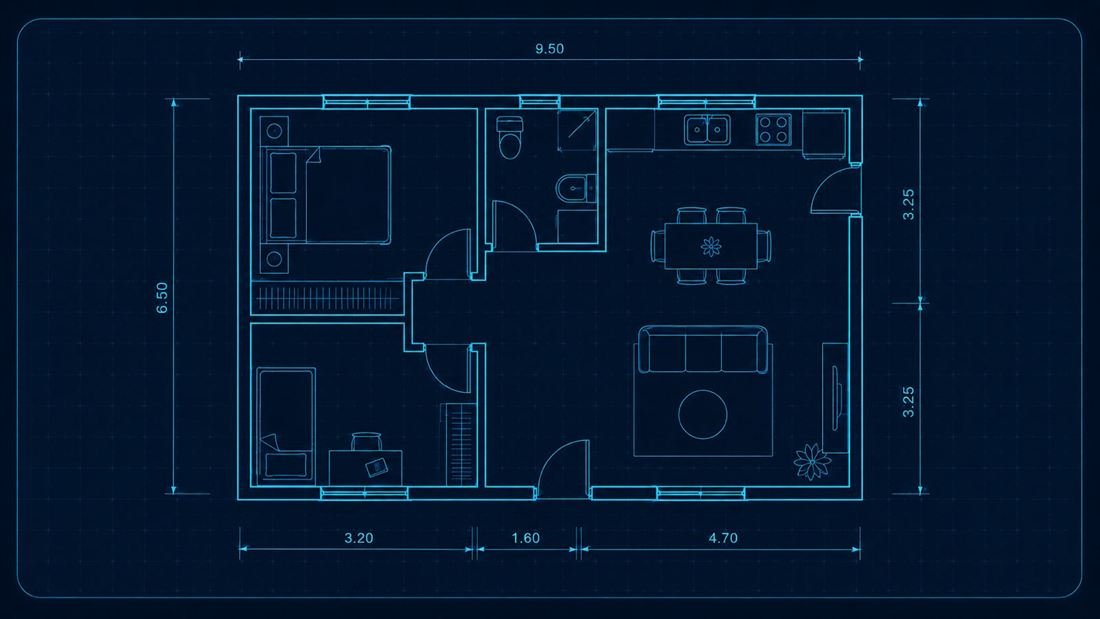 Planta baixa residencial com cotas e mobiliário desenhada em AutoCAD